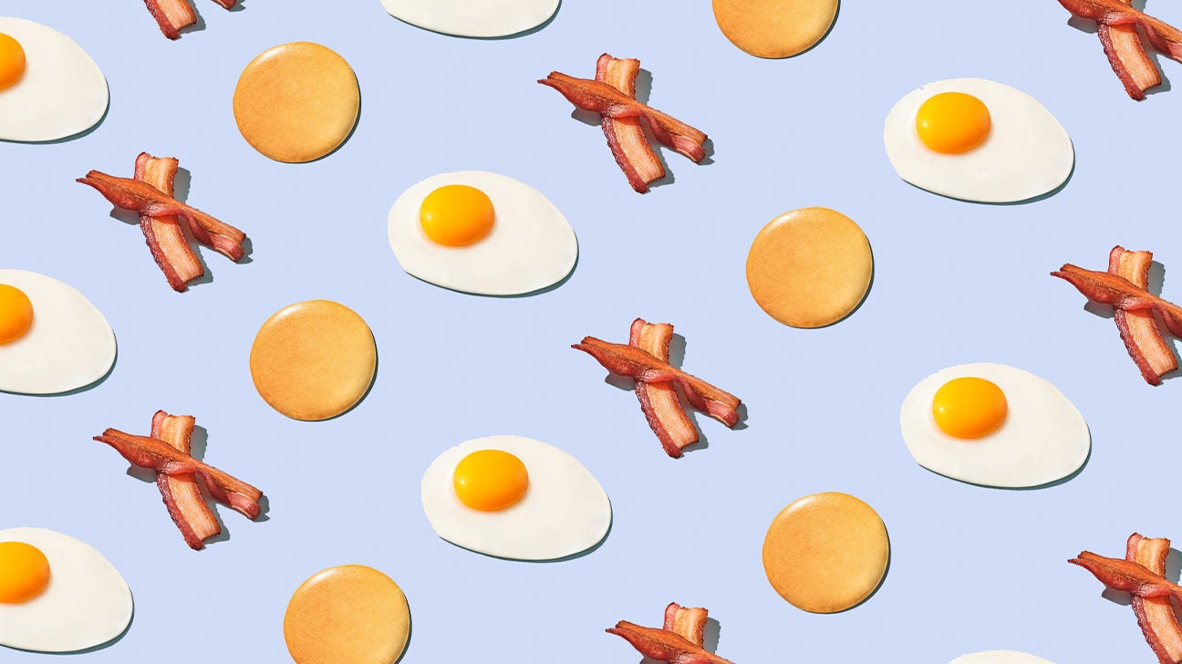 Illustration of fried eggs and bacon and pancakes for Grab-and-Go Breakfast Meal Prep Ideas
