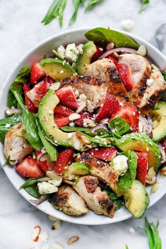 Strawberry, Avocado, and Chicken Spinach Salad