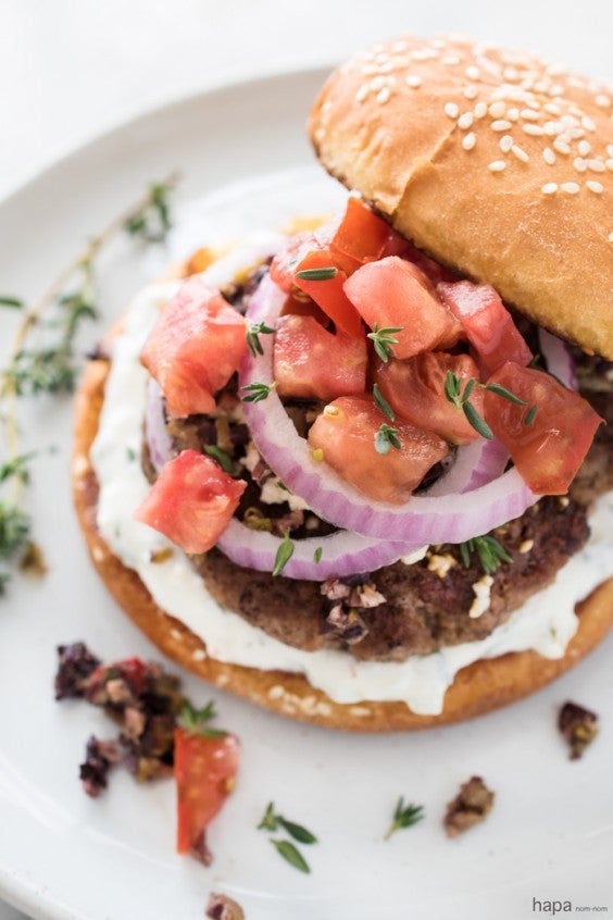 Dinner Recipes: Greek Burger With Tzatziki, Tapenade, and Feta