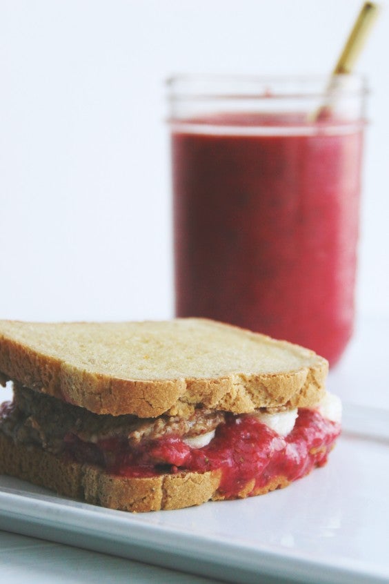 almond butter, banana, and strawberry chia jam sandwich