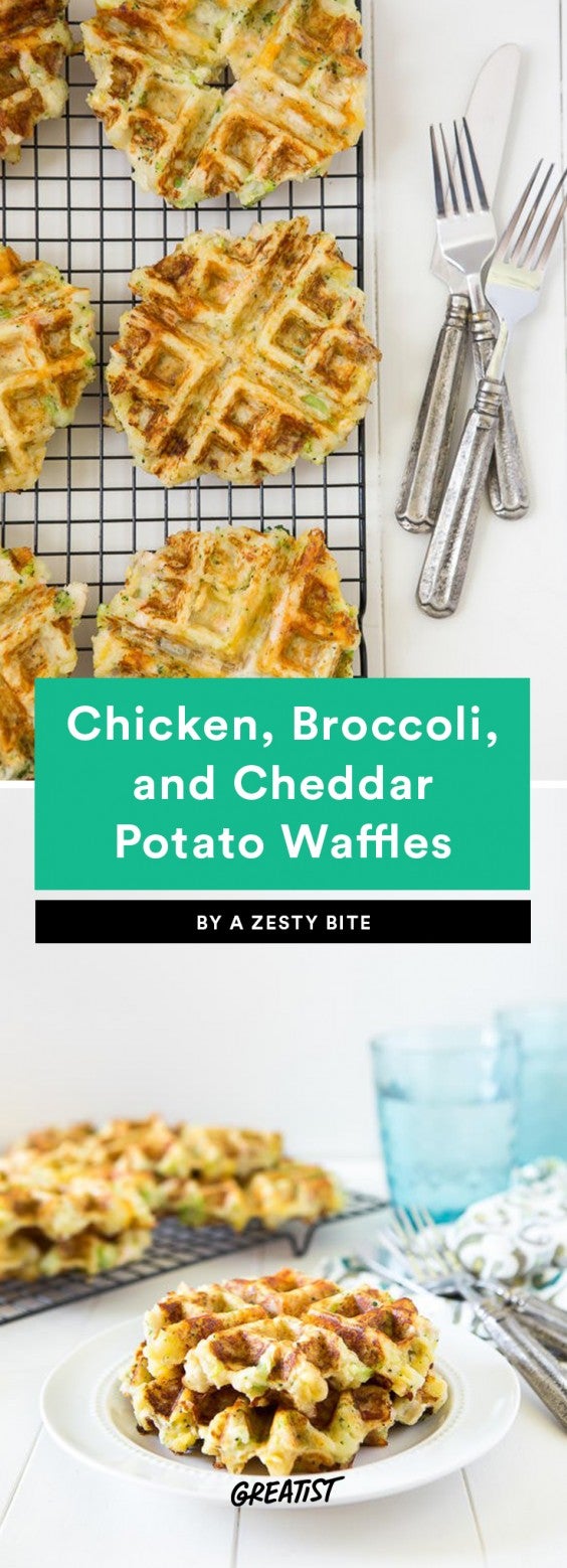 Chicken, Broccoli, and Cheddar Potato Waffles