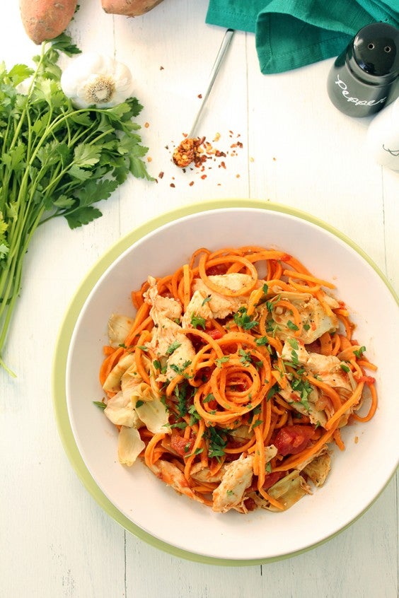 Tomato Sweet Potato Noodles with Chicken and Artichokes