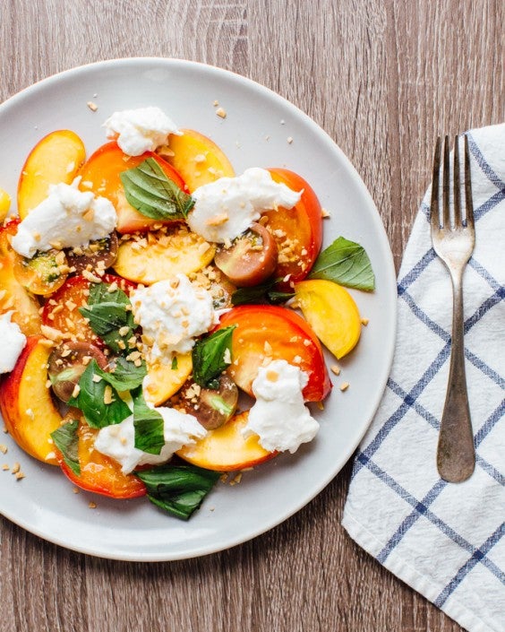 1. Peach, Heirloom Tomato, and Burrata Salad