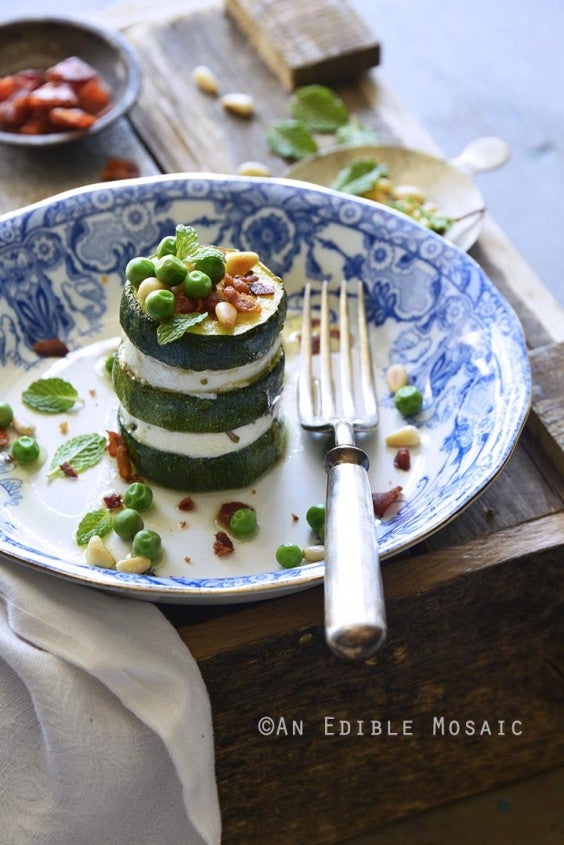 8. Zucchini Goat Cheese Stacks With Mint, Pine Nuts, and Crispy Prosciutto
