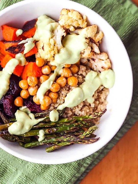 Healthy Grain Bowls: Vegan Quinoa Power Bowls With Roasted Veggies and Avocado Sauce