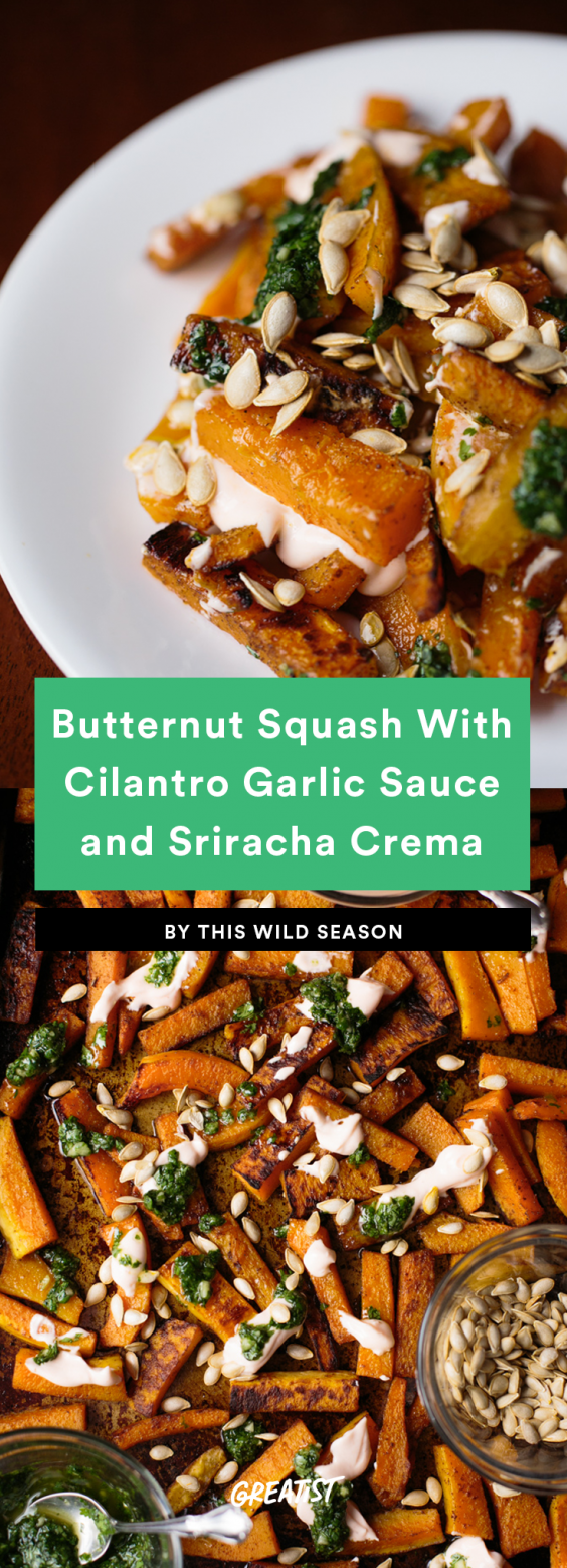 Butternut Squash With Cilantro Garlic Sauce and Sriracha Cream Recipe