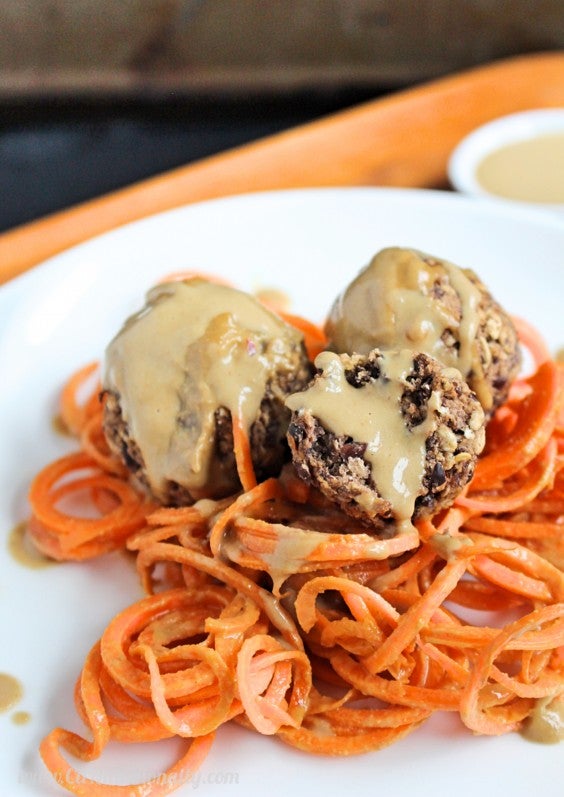 12. Sunflower Seed Butter Sauce Drenched Carrot Noodles With Black Bean “Meatballs”