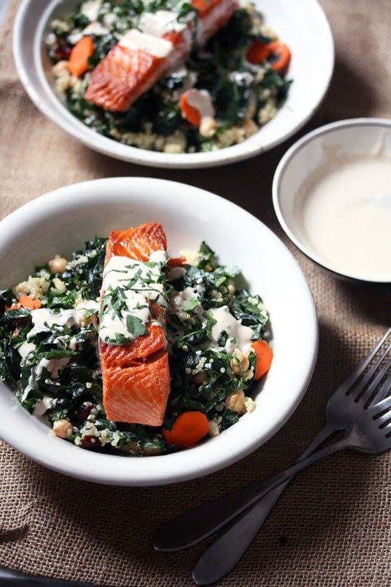 Healthy Grain Bowls: Salmon and Quinoa Bowls With Kale and Tahini