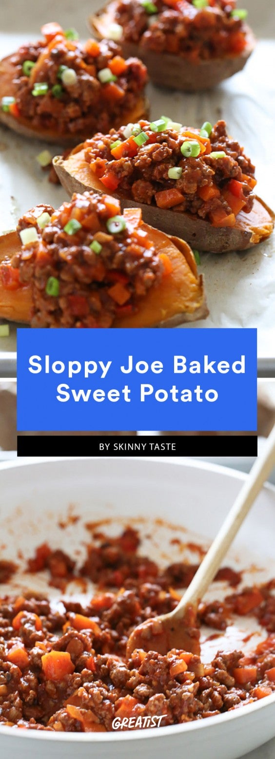 Sweet potatoes cut in half and roasted topped with ground meat Sloppy Joe filling and sprinkled with scallions. This is a Whole30 compliant meal.
