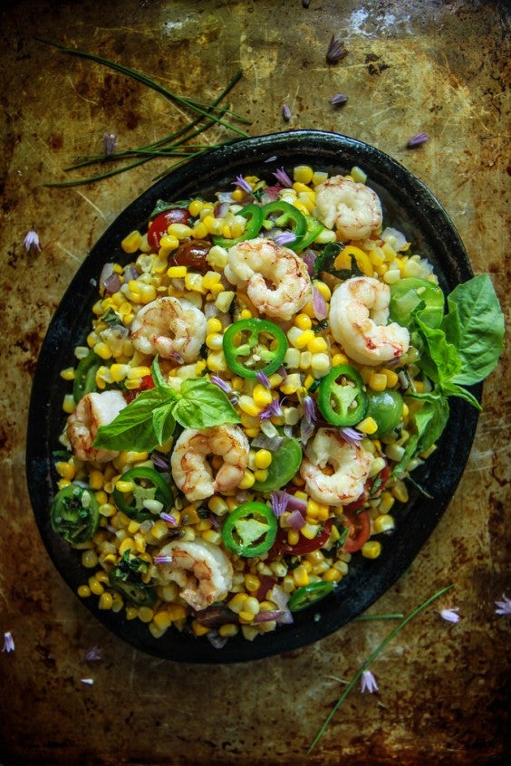 14. Hot Shrimp, Corn, and Basil Salad