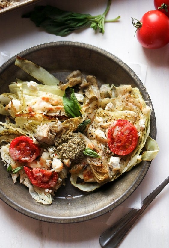 19. Mediterranean Roasted Cabbage Steaks With Basil Pesto and Feta
