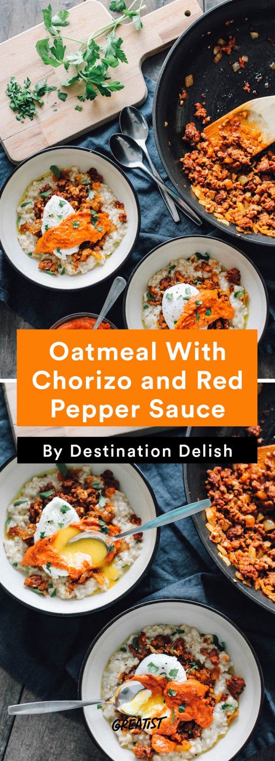 savory oatmeal: Oatmeal With Chorizo and Red Pepper Sauce
