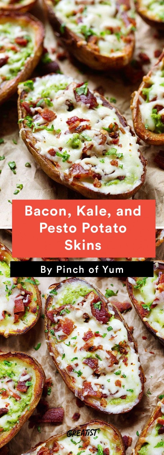 Bacon, Kale, and Pesto Baked Potato Skins