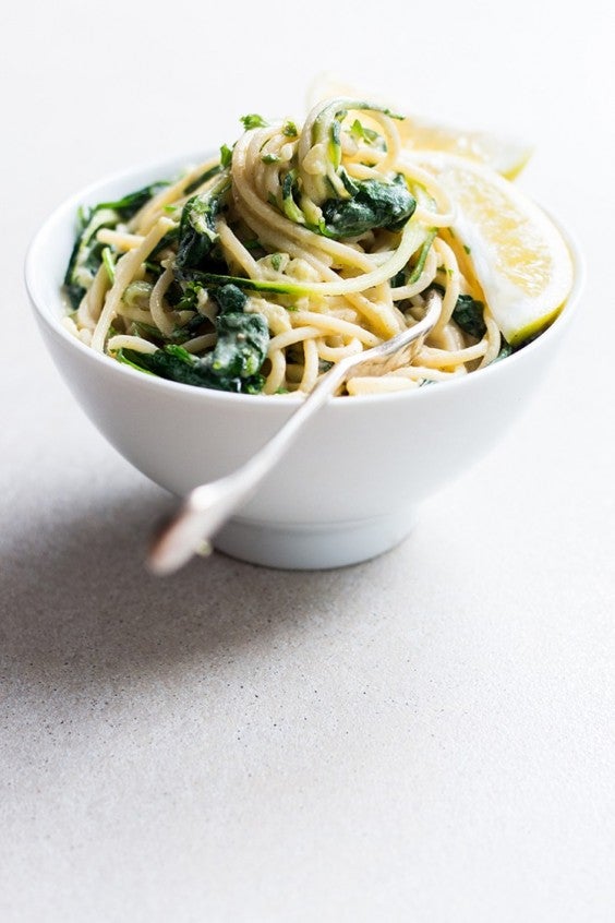9. 10-Minute Hummus Pasta With Zoodles, Greens, and Lemon