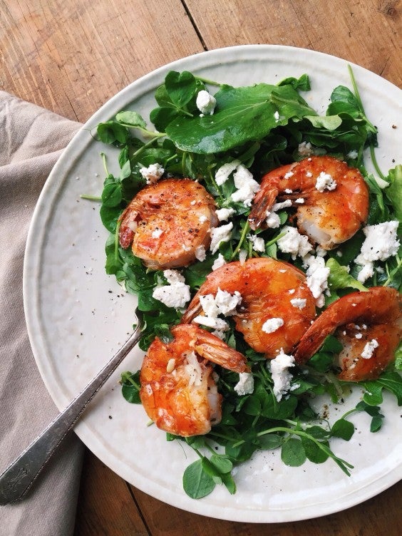 3. Pea Shoot Salad With Shrimp, Goat Cheese, and Citrus Vinaigrette