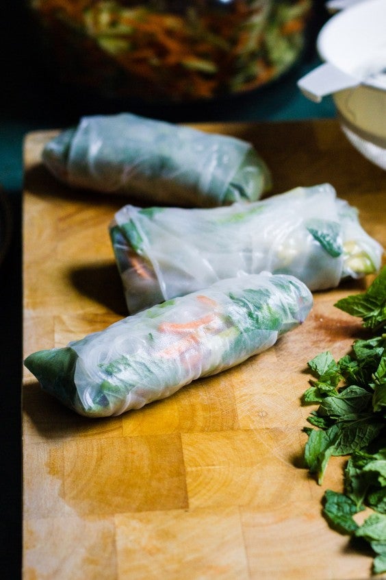 21. Vegan Rice Paper Rolls With Mandarin-Tahini Dipping Sauce