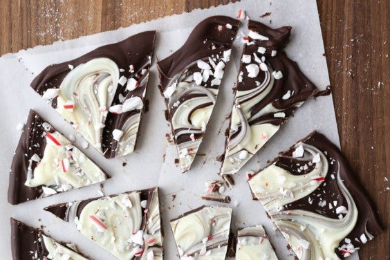 Broken up pieces of swirly peppermint bark