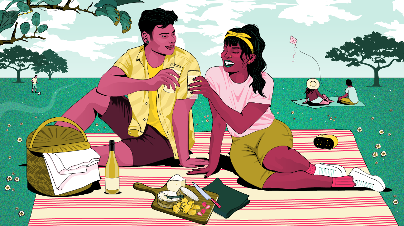 illustration of two people having a picnic with a cheese board and wine