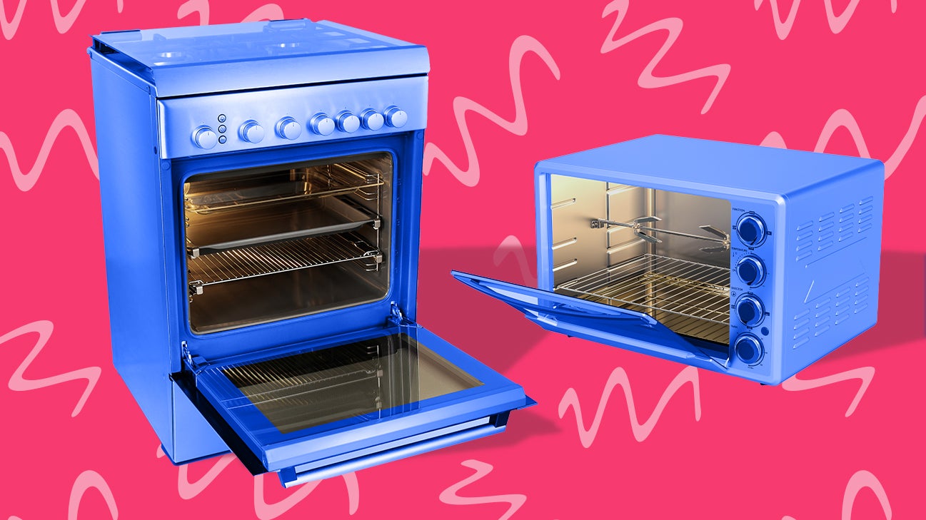 Blue conventional and convection oven on a fuchsia background