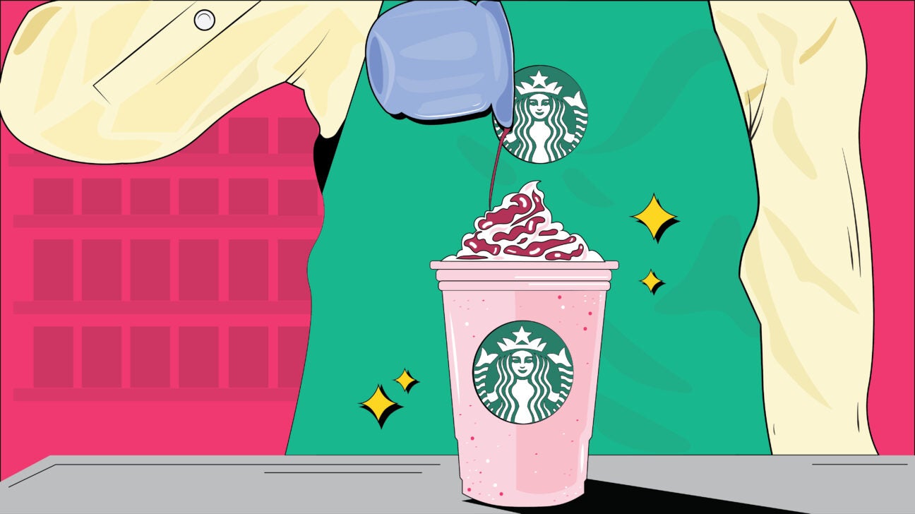 illustration of person pouring syrup on starbucks drink header