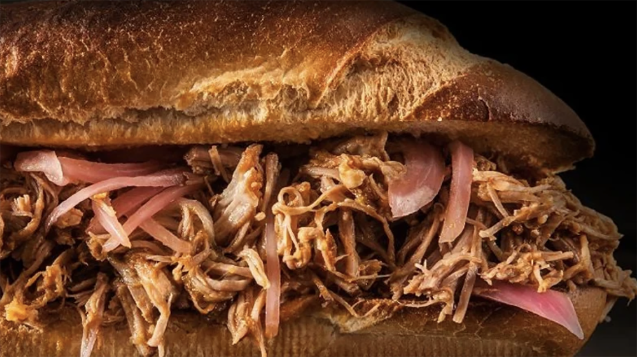 Pulled pork with red onions on a hoagie roll