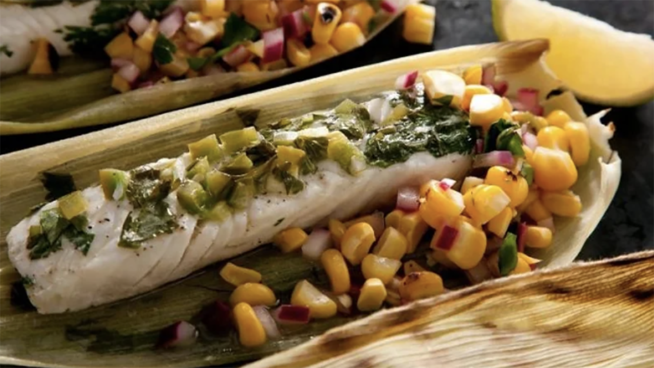 Corn husk-wrapped grilled halibut with charred corn salsa 