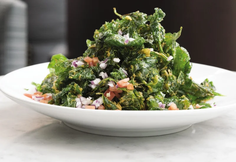 Crispy Fried Spinach with Tomato, Onion, Tamarind, and Yogurt