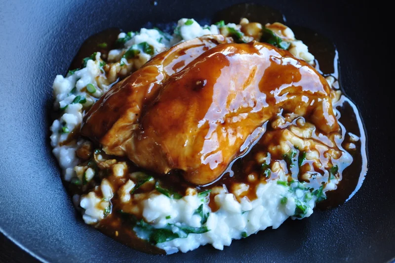 Braised Rabbit with Garlic Caramel Sauce and Risotto