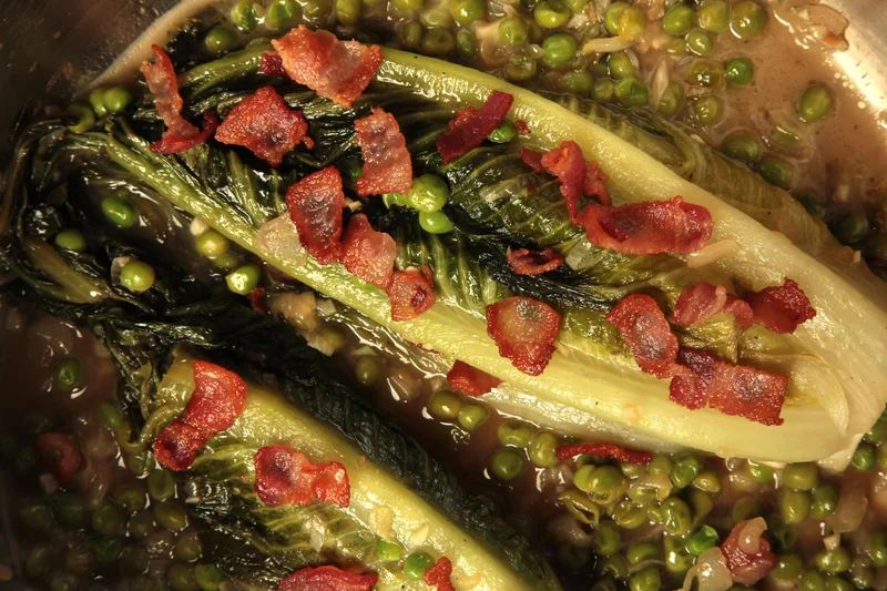 Braised Lettuce with Bacon, Shallots, and Peas