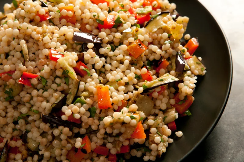 Grilled Eggplant and Red Pepper with Israeli Couscous