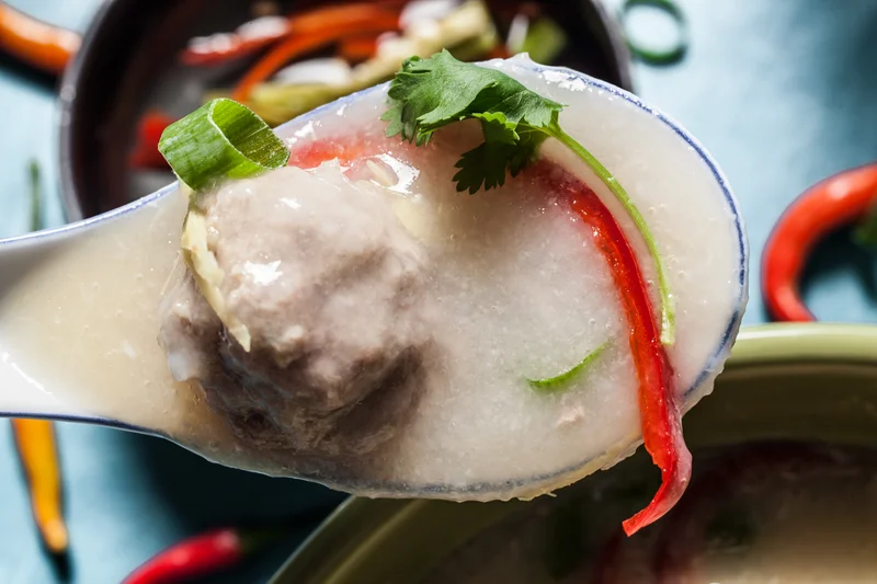 Thai Rice Congee with Pork Dumplings