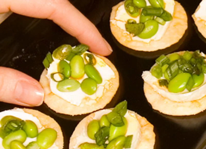 Rice Crackers with Goat Cheese and Edamame