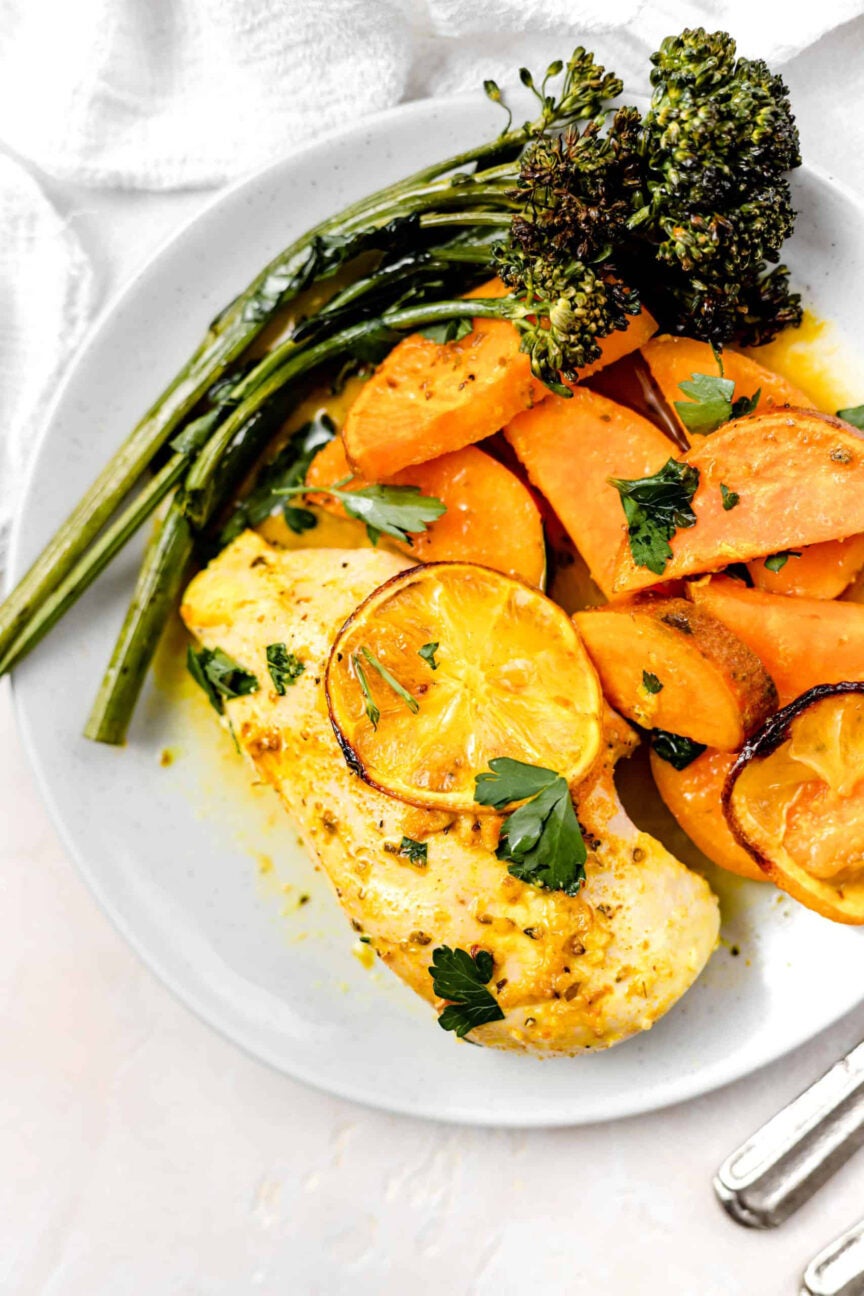 baked lemon chicken and sweet potatoes